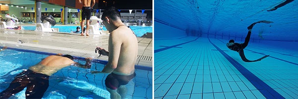 Left: Static apnea attempt by Mohan Phani with Safety Diver Max Ang, 14 Dec 2020 <br/>
Right: Dynamic apnea attempt by Tan Yan Zhao, 19 Sep 2019
