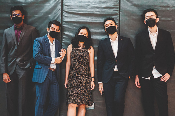 Nat & Co at NUSSU’s Appreciation Dinner, 5 September 2020. (From left to right) Mukund, Aditya, Natania, Fairuz, Wei Yang. 

