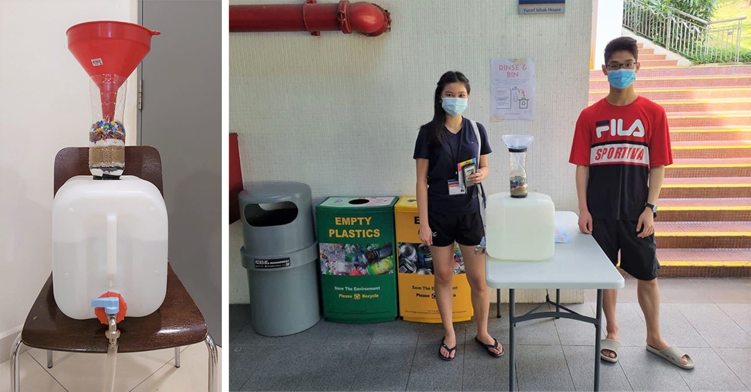 Photo Left: A rinsing device placed next to recycling bins. <br/>
Photo Right: Team Rinse&Bin members Felicia Ong Sing Yi (left) and Shen Zhuowen (right) with their rinsing device at YIH, Level 2.