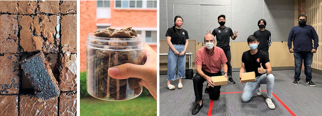 Photos left and centre: Samples of home-made brownies and cookies using cricket flour <br/>
Photo right: Team Crick-Ate with RVRC Hall Master Greg and Mr Raavee Shanker from Asia Insect Fam Solutions. Top row (left to right):  Lee Jiahui, Alphonsus Teow, Nan Song, Mr Raavee Shanker. Bottom row (left to right): Master Greg, Rickson Ooi.