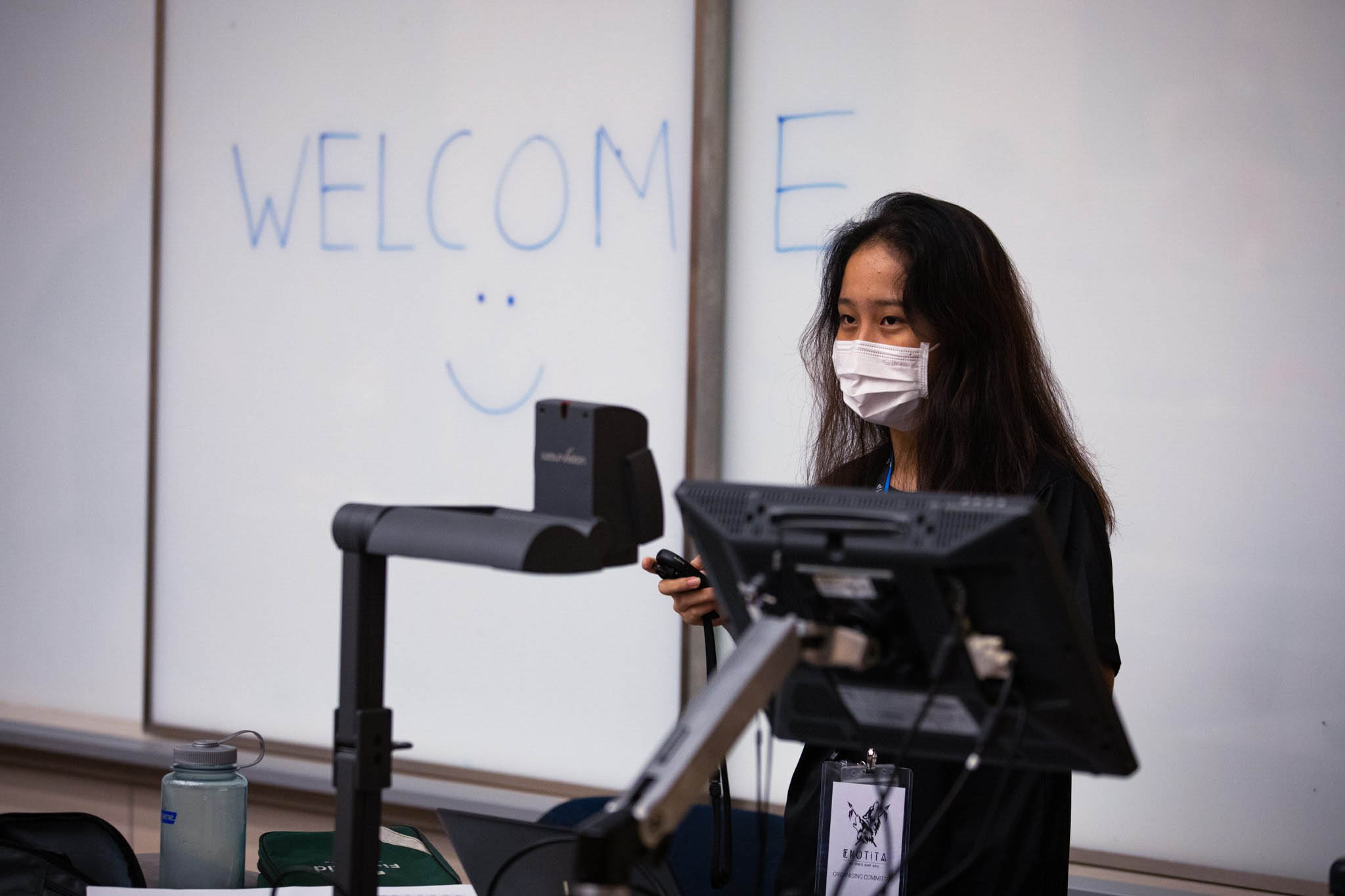 Camp Project Director, Tan Jia Qi, takes centre stage to welcome the freshmen. 
