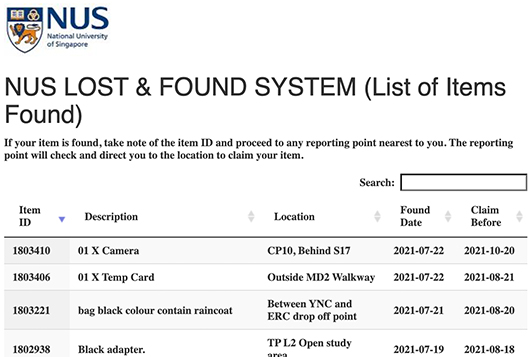 Sample of NUS <a target="_blank" href="https://portal.repoapp.com/public_items/BB20556C" rel="noopener">RepoApp</a> where students can search for their lost item(s).

