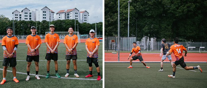 Members of the NUS Men’s Ultimate Frisbee team (left) and the team in action against SIM (right).
