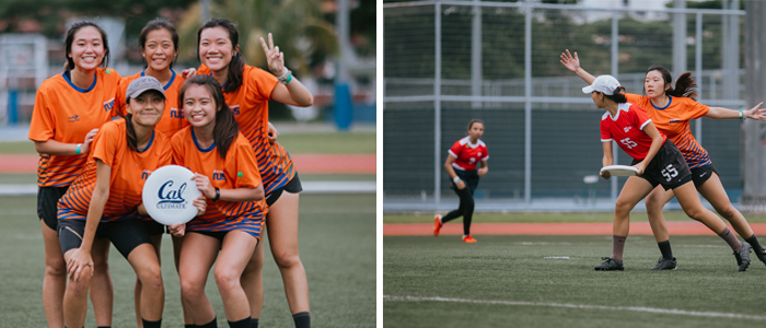 Denise Beh (wearing a cap) together with the Women’s team (left) and the team in action against SIT (right)
