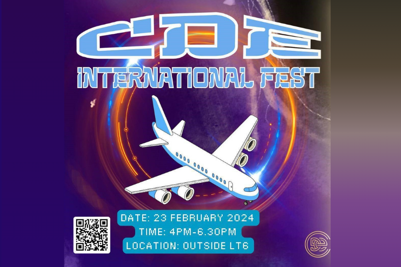 CDE International Fest showing an airplane with nose pointing to bottom right against a futuristic outer space background.