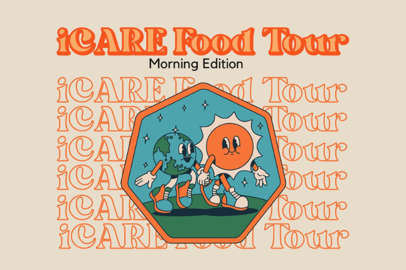 iCARE Food Tour Repeated 7 times in retro orange LED signboard style on the background. Heptagon with orange border showing cartoon drawing of a sun and Earth holding hands while walking on green grass under the stars.
