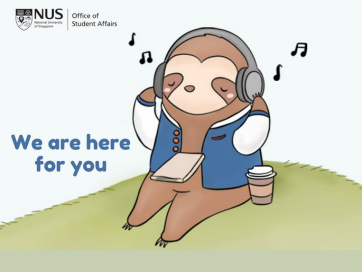 A sloth sitting on the grass with a notebook and a takeaway cup, listening to music. NUS Office of Student Affairs, We are here for you.
