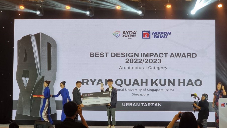 Ryan receiving the Best Design Impact Award for ‘Urban Tarzan’, at the Asia Young Designer Award 2023