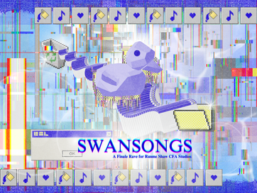 Illustrative graphic used as the key visual for the SWANSONGS: A Finale Rave for Runme Shaw CFA Studios event. It is a blue and purple-toned graphic with computer glitch effects and a cuboid-computer-looking duck in the centre of the image.