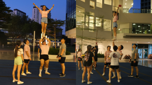 The role of bases like Asyraf is to hold up the flyers or throw them in a manner that they can perform stunts such as backflips and spinning stunts confidently, and thereafter catch them safely.