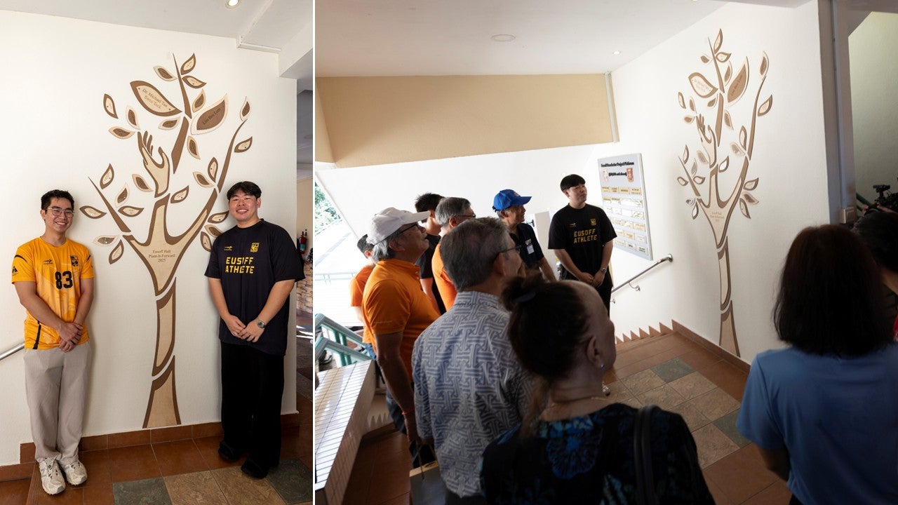 (Right photo) The donor tree, which is now a permanent installation at EH, was unveiled at the event. The design was undertaken by (left photo) EH resident undergraduate Damienn Foo (left, in yellow shirt) and EH alumni Terence Tan (right, in black shirt).