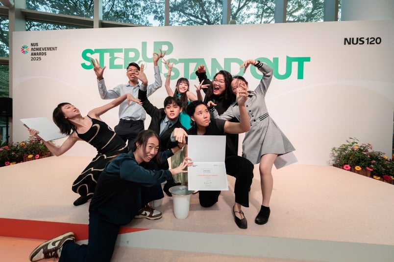 Performing Arts Student of the Year (Distinction) award recipient Chong Shen Hao (second row, centre), whose artistic work spans theatre, dance and performance art, strikes a pose with fellow award recipients from the Arts category.