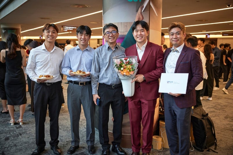 Leadership Merit recipient and Temasek Hall resident, Liu Congzhi (second from right) with his friends and Temasek Hall Master, Dr Tan Hee Hon (middle). Congzhi was recognised for empowering fellow student leaders and creating a sustainable model for leadership development within the Hall.