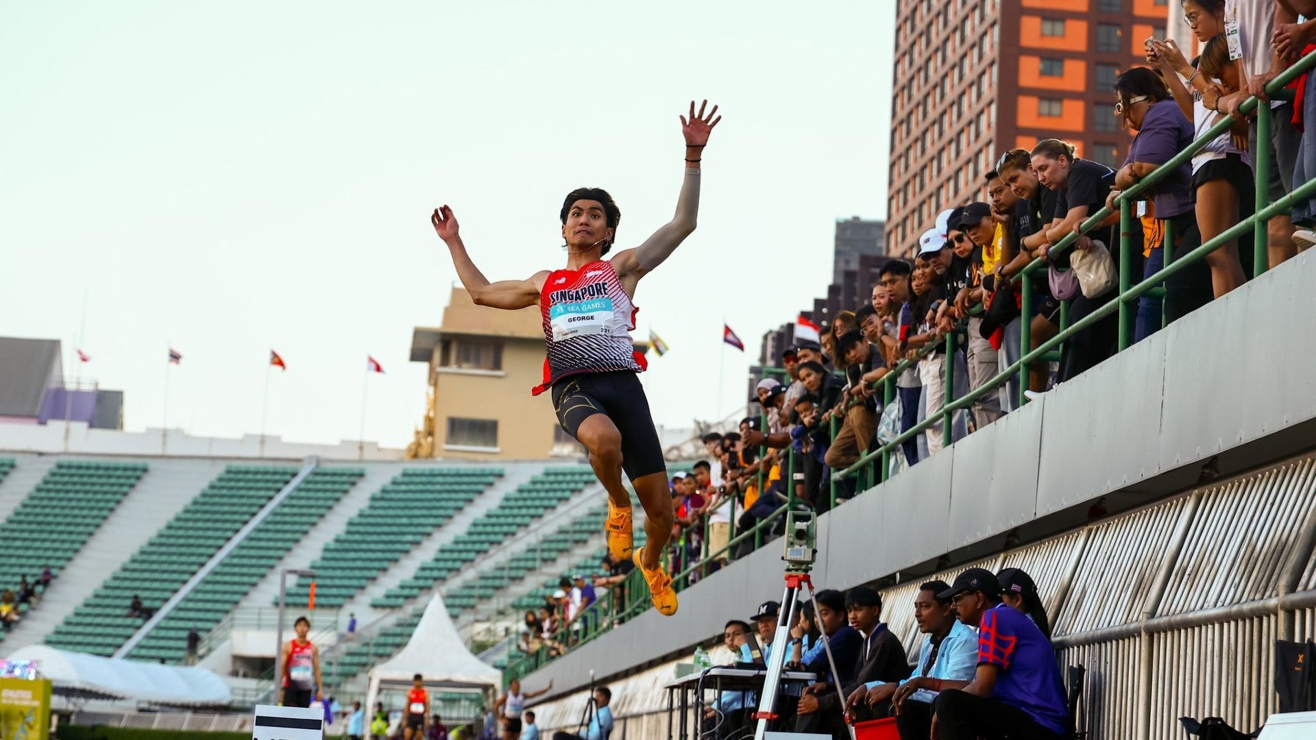 A leap to remember at the SEA Games for Andrew Medina, which ended Singapore’s 42-year medal drought in men’s long jump. (Photo: Singapore National Olympic Council.)