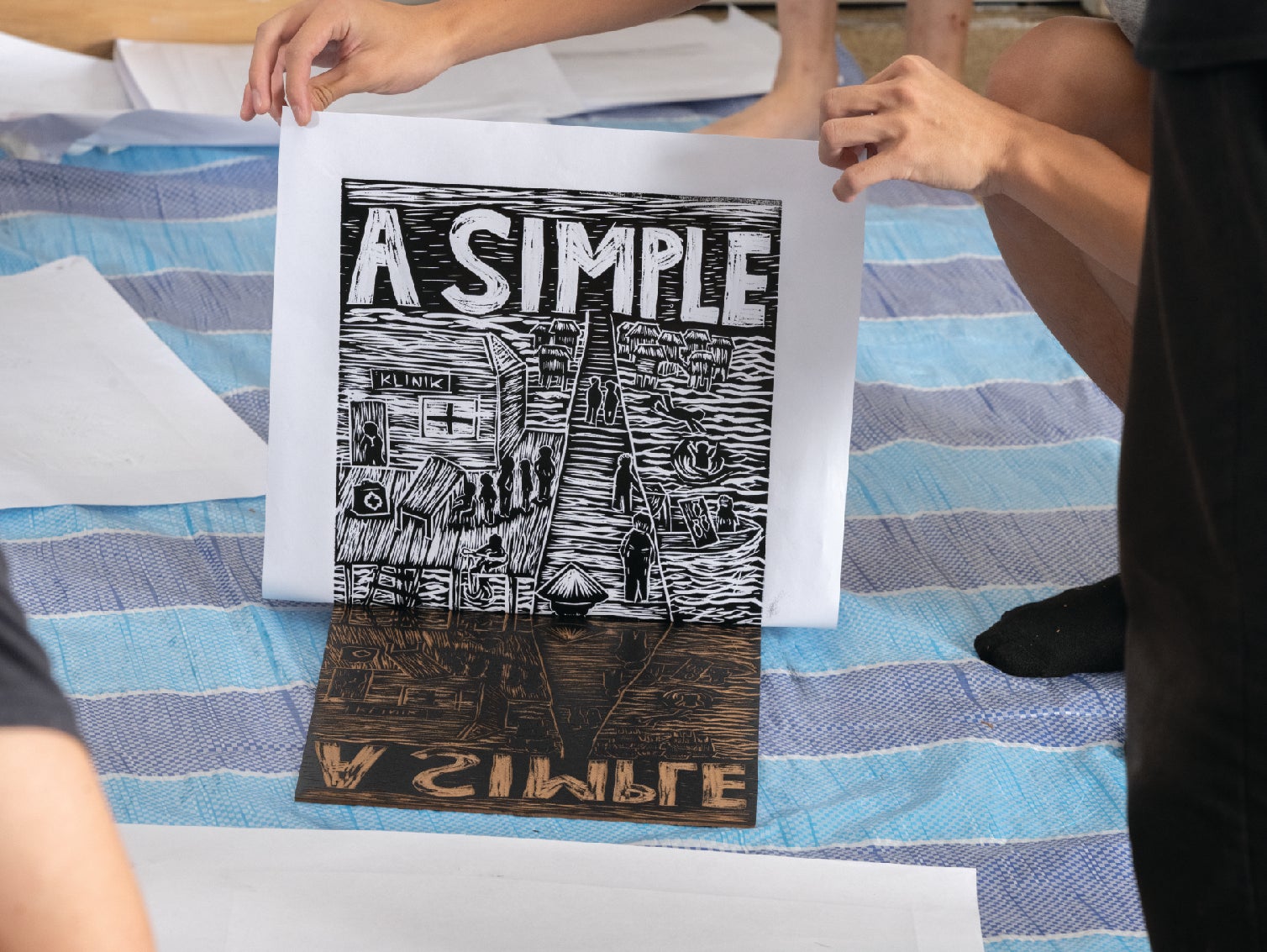 A piece of woodcut artwork by Malaysia-based artist collective Pangrok Sulap.