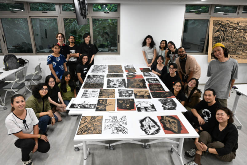 Mabel and Megan co-led a woodcut workshop for NUS students. Woodcut is a printmaking technique which involves cutting out negative space on a wooden block and inking it. 