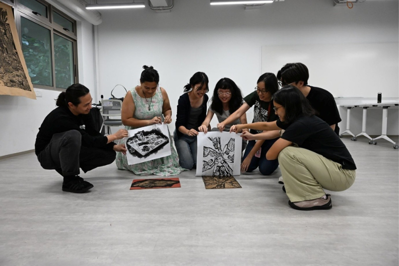The final step of the workshop is pressing the inked wood onto paper. Here is the moment of revelation, which Megan (third from left) terms as “most exciting and most nerve-wracking part”.  