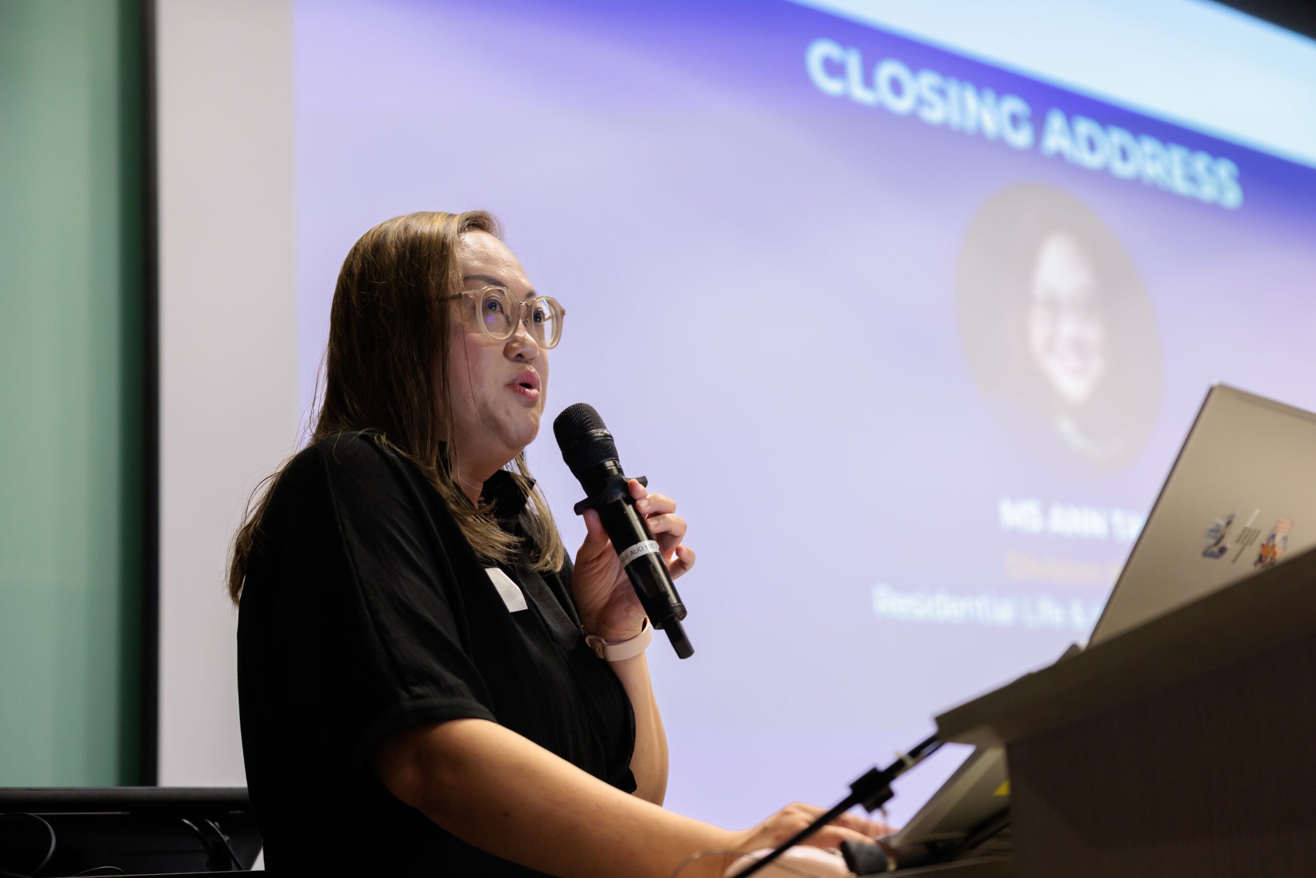 Ms Ann Tan, Division Head of Residential Life & Hostel Admission, NUS)  closes the day with a reminder that belonging is built through “small, intentional acts repeated consistently over time”.