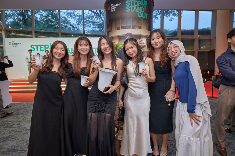 NUS Badminton (Women), led by Tan Li Ting (first from left) received Merit for Sports Team of the Year.