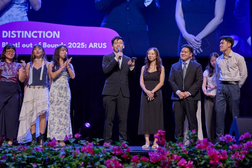 Tan Yu Hao (centre), NUS Dance Blast! President AY24/25 was a multi-awardee. Besides representing his team for the Distinction award for Arts Production of the Year, he also received an individual Merit award for Performing Arts Student of the Year.