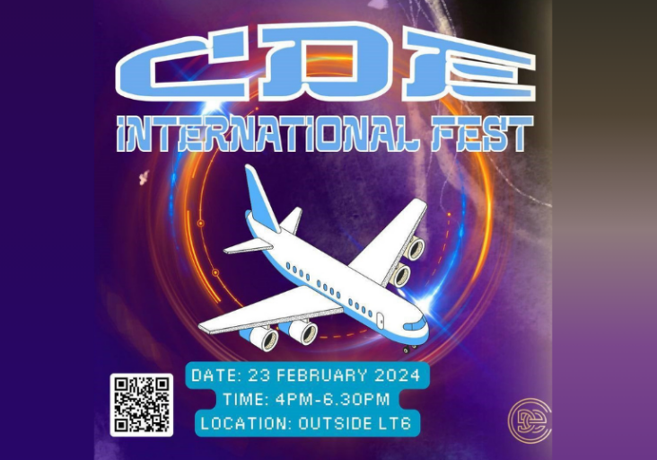 CDE International Fest showing an airplane with nose pointing to bottom right against a futuristic outer space background.