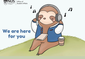 A sloth sitting on the grass with a notebook and a takeaway cup, listening to music. NUS Office of Student Affairs, We are here for you.