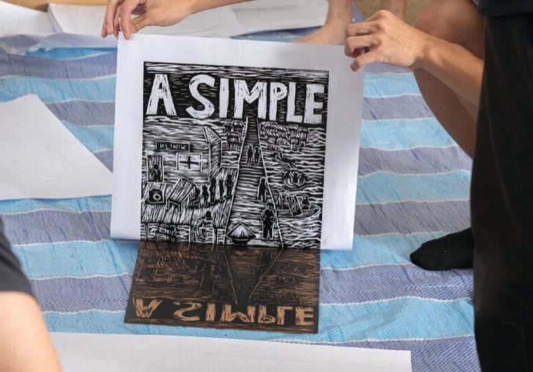 A piece of woodcut artwork by Malaysia-based artist collective Pangrok Sulap.